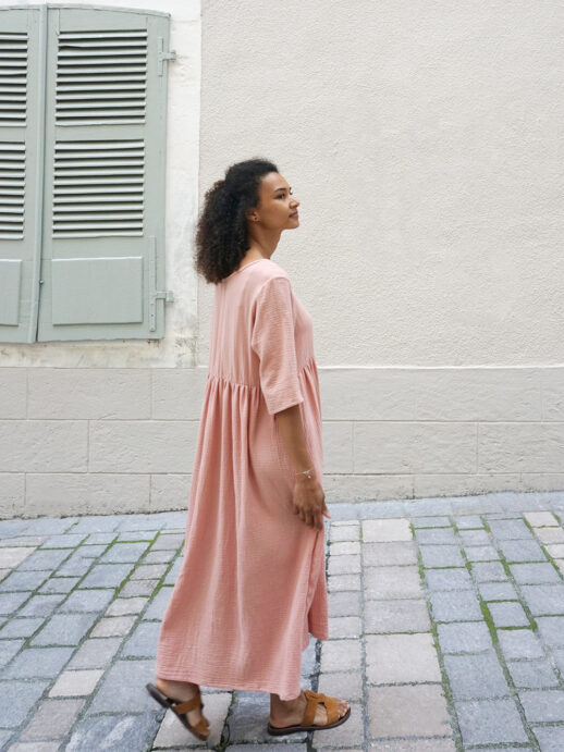Robe Jasmin gaze de coton vieux rose