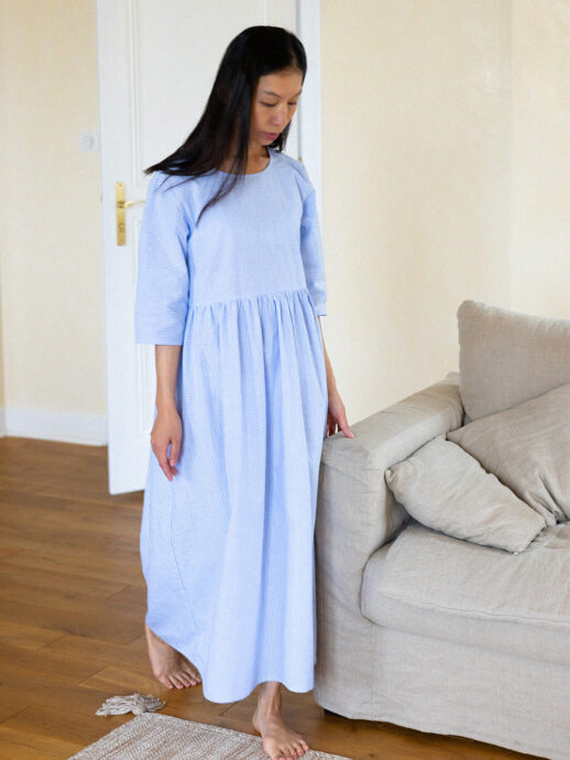 Robe Jasmin en coton lin vichy blanc et bleu