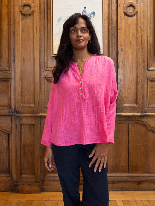 Blouse Acacia en gaze de coton rayures fuschia