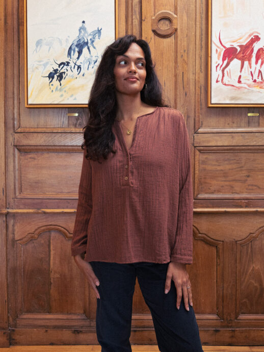 Blouse Acacia en gaze de coton rayures marron